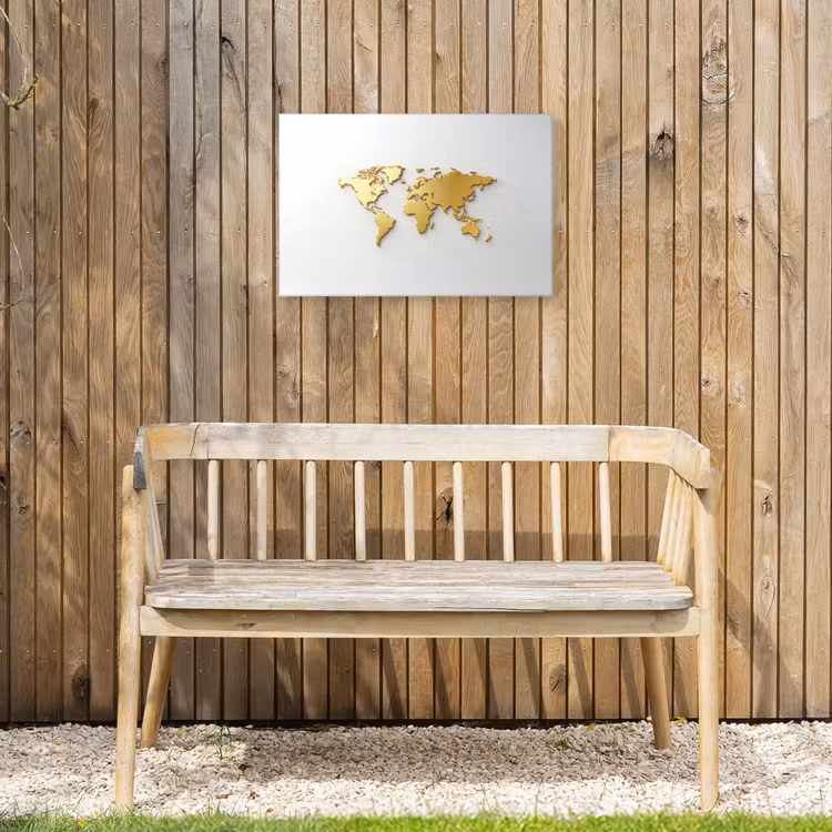Wereldkaart - Luxe uitstraling - Glanzend goud Tuinposter op houten frame 2 cm dik klein -sfeer4