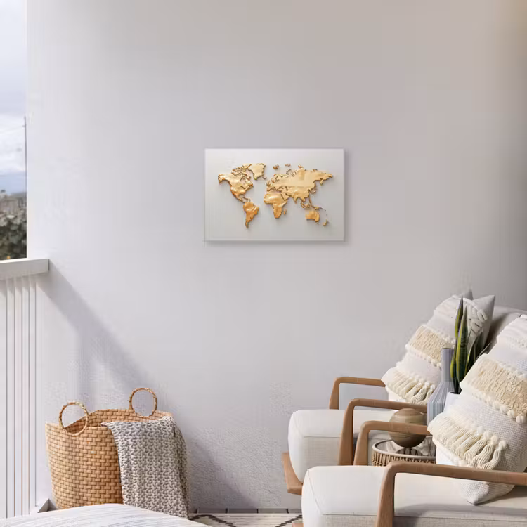 Wereldkaart - Luxe uitstraling - Wit Tuinposter op houten frame 2 cm dik klein -sfeer1