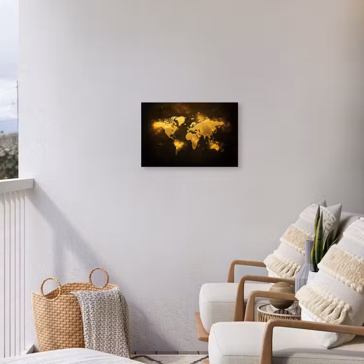 Wereldkaart - Magisch effect - Gouden deeltjes Tuinposter op houten frame 2 cm dik klein -sfeer1