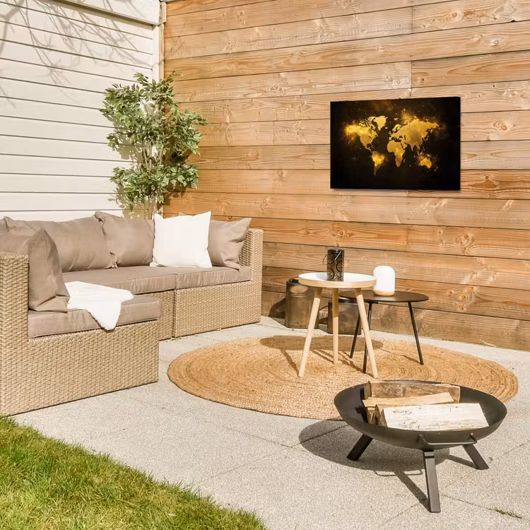 Wereldkaart - Magisch effect - Gouden deeltjes Tuinposter op houten frame 2 cm dik klein -sfeer2