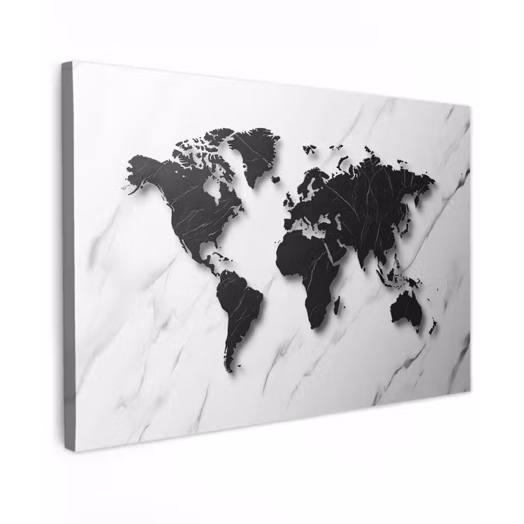 Wereldkaart - Marmer - Wit - Zwart Tuinposter op houten frame 2 cm dik klein -3d