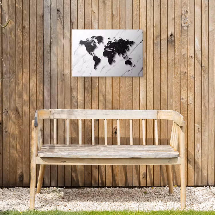 Wereldkaart - Marmer - Wit - Zwart Tuinposter op houten frame 2 cm dik klein -sfeer4