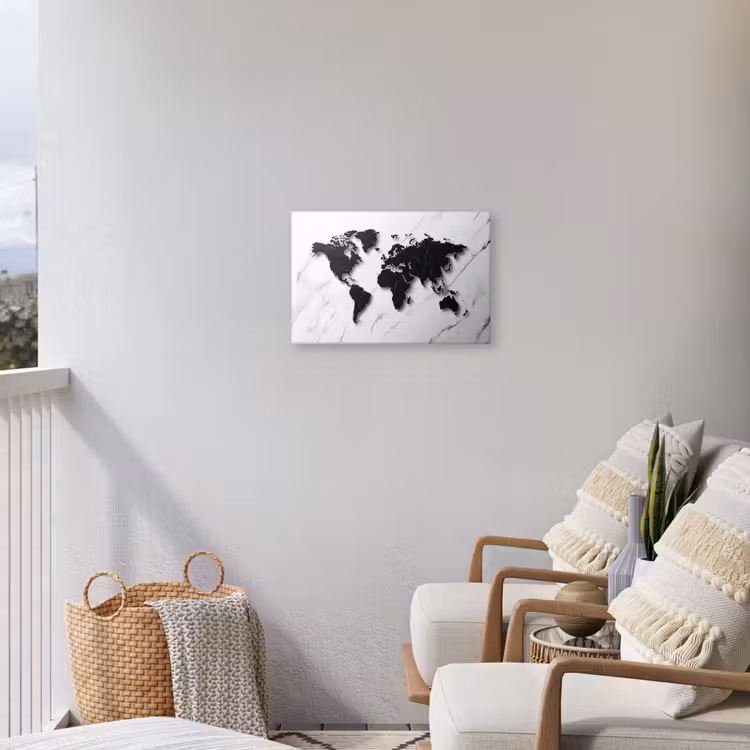 Wereldkaart - Marmer - Wit - Zwart Tuinposter op houten frame 2 cm dik klein -sfeer1
