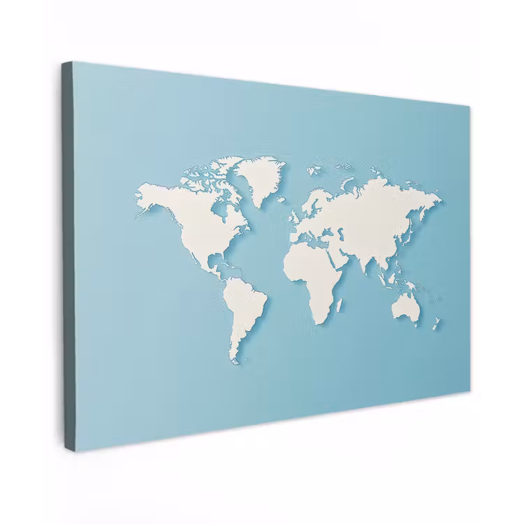 Wereldkaart - Minimalistisch - Blauw - Crème Tuinposter op houten frame 2 cm dik klein -3d