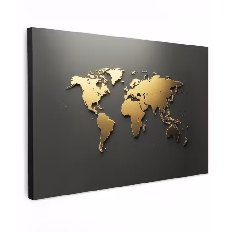 Wereldkaart - Minimalistisch - Gouden afwerking Tuinposter op houten frame 2 cm dik klein -3d