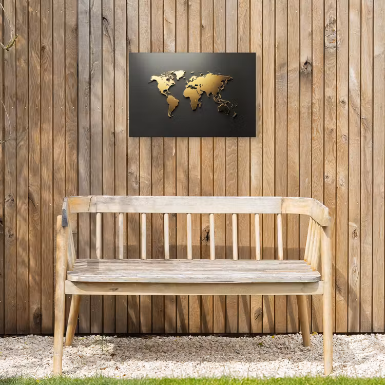 Wereldkaart - Minimalistisch - Gouden afwerking Tuinposter op houten frame 2 cm dik klein -sfeer4