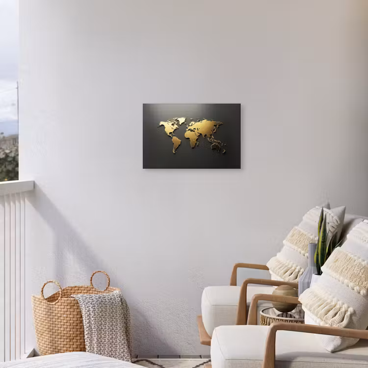 Wereldkaart - Minimalistisch - Gouden afwerking Tuinposter op houten frame 2 cm dik klein -sfeer1