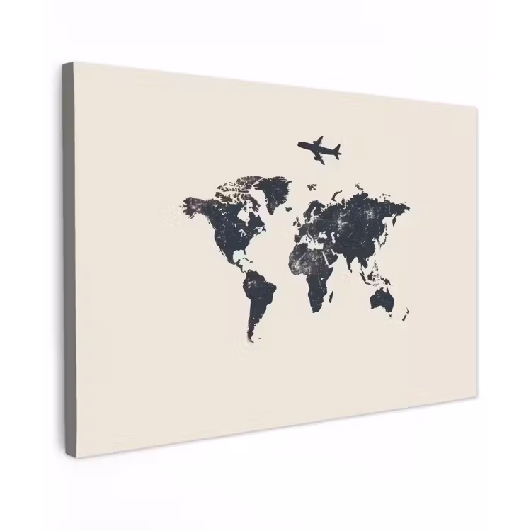 Wereldkaart - Minimalistisch - Grijs - Vliegtuig Tuinposter op houten frame 2 cm dik klein -3d
