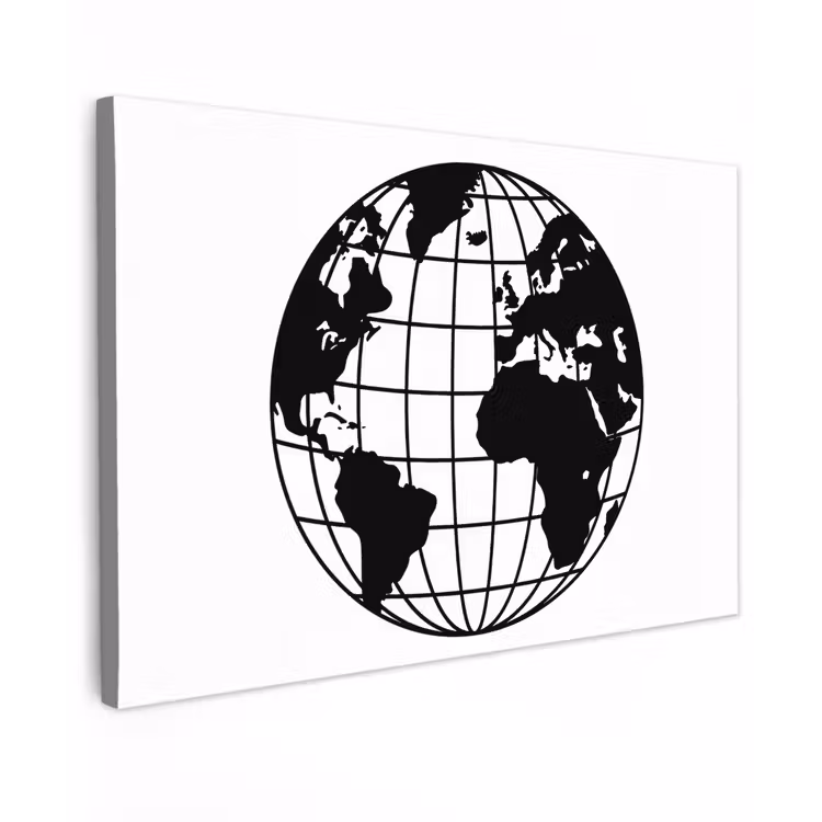 Wereldkaart - Minimalistisch - Zwart - Wit Tuinposter op houten frame 2 cm dik klein -3d