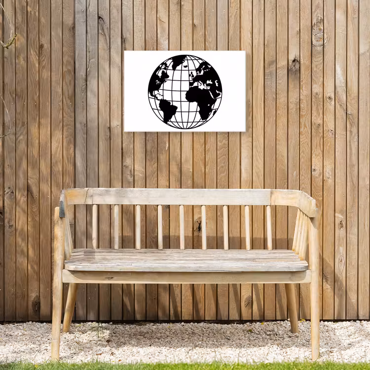 Wereldkaart - Minimalistisch - Zwart - Wit Tuinposter op houten frame 2 cm dik klein -sfeer4