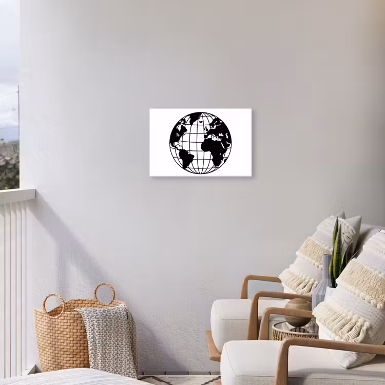 Wereldkaart - Minimalistisch - Zwart - Wit Tuinposter op houten frame 2 cm dik klein -sfeer1