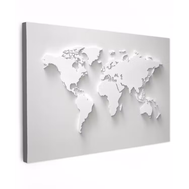 Wereldkaart - Modern - Wit Tuinposter op houten frame 2 cm dik klein -3d