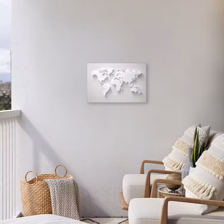 Wereldkaart - Modern - Wit Tuinposter op houten frame 2 cm dik klein -sfeer1