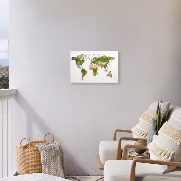 Wereldkaart - Natuurlijke kleuren - reliëfstijl Tuinposter op houten frame 2 cm dik klein -sfeer1