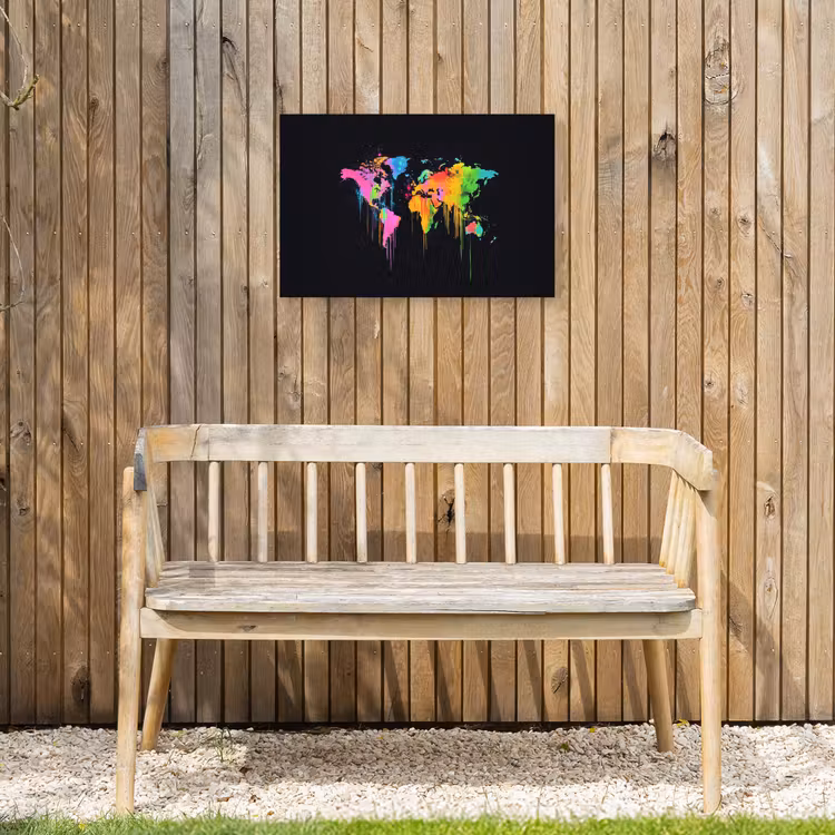Wereldkaart - Neon - Kleurrijk - Spatten Tuinposter op houten frame 2 cm dik klein -sfeer4