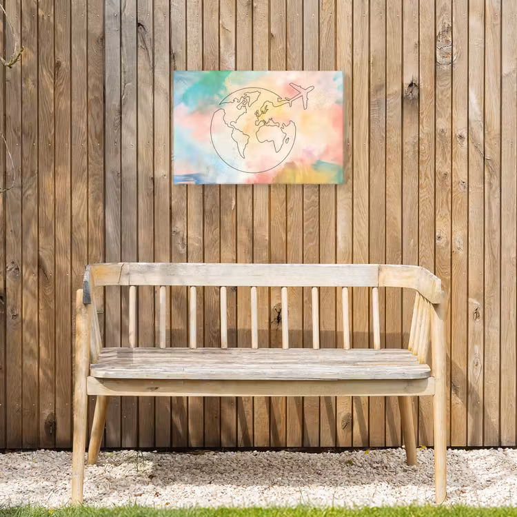 Wereldkaart - Pastel - Vliegtuig - Lijnen Tuinposter op houten frame 2 cm dik klein -sfeer4