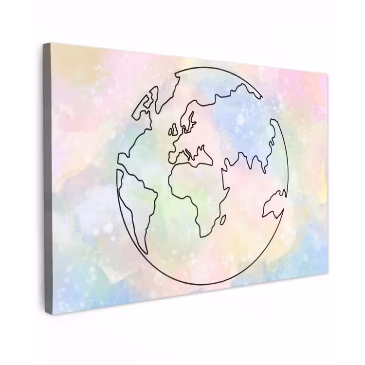 Wereldkaart - Pastel - Lijnen Tuinposter op houten frame 2 cm dik klein -3d