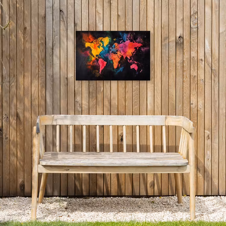 Wereldkaart - Poeder - Kleuren Tuinposter op houten frame 2 cm dik klein -sfeer4