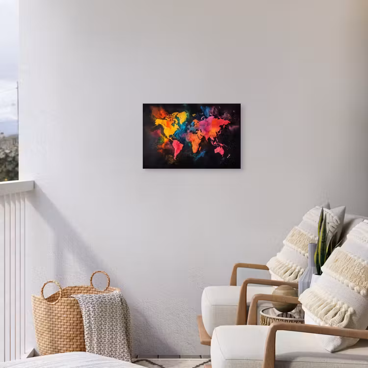 Wereldkaart - Poeder - Kleuren Tuinposter op houten frame 2 cm dik klein -sfeer1