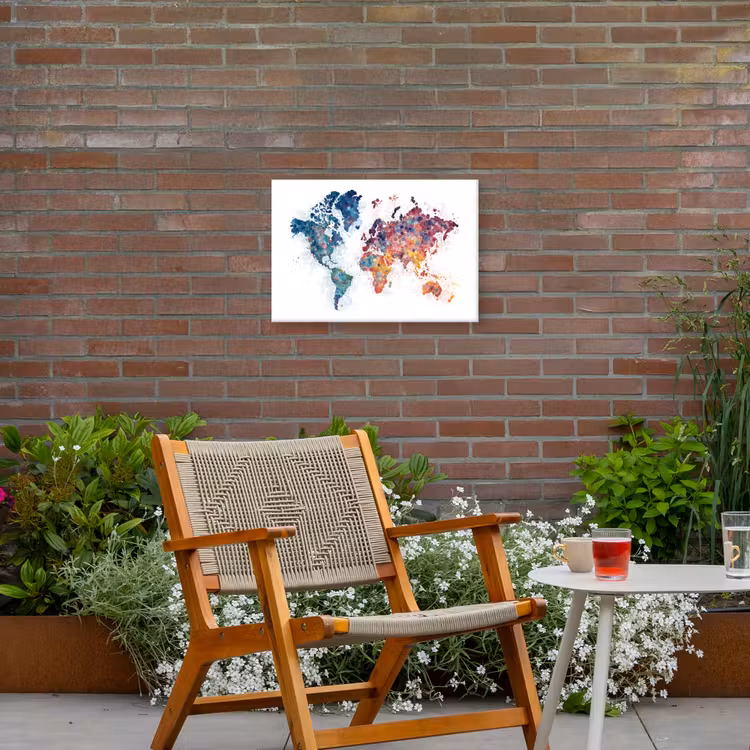 Wereldkaart - Stipjes - Kleurrijk - Mozaïek Tuinposter op houten frame 2 cm dik klein -sfeer3