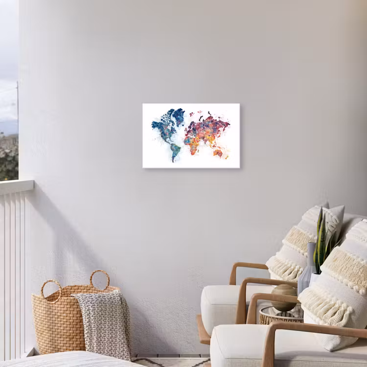 Wereldkaart - Stipjes - Kleurrijk - Mozaïek Tuinposter op houten frame 2 cm dik klein -sfeer1