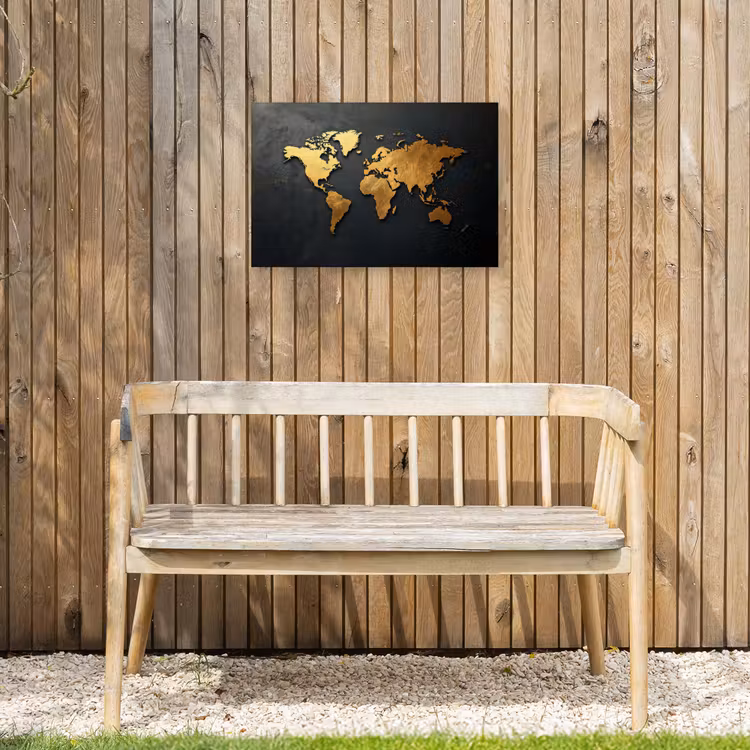 Wereldkaart - Ruwe textuur - Scherpe contouren - Zwart Tuinposter op houten frame 2 cm dik klein -sfeer4