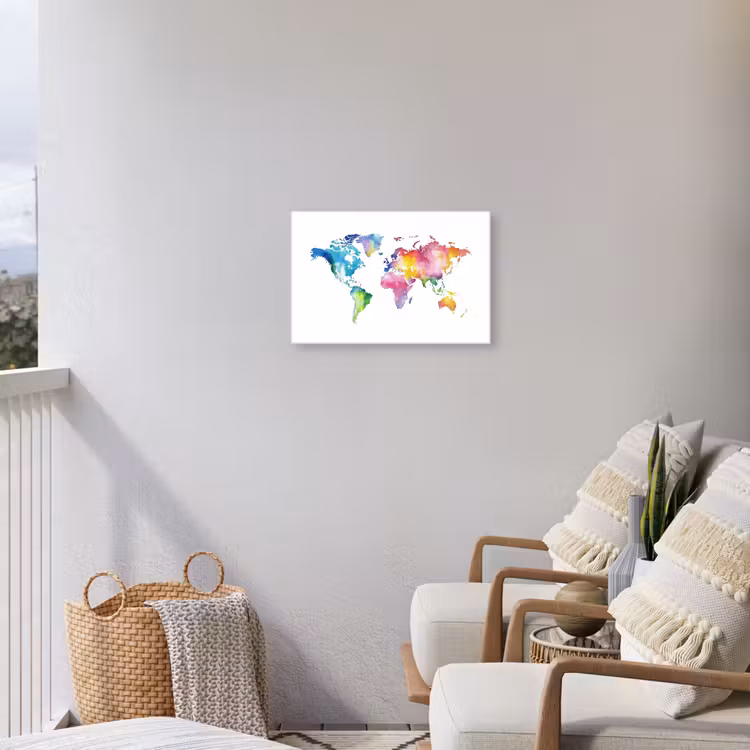 Wereldkaart - Regenboog - Aquarel Tuinposter op houten frame 2 cm dik klein -sfeer1