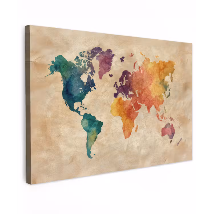 Wereldkaart - Regenboog aquarel - Papierstructuur Tuinposter op houten frame 2 cm dik klein -3d