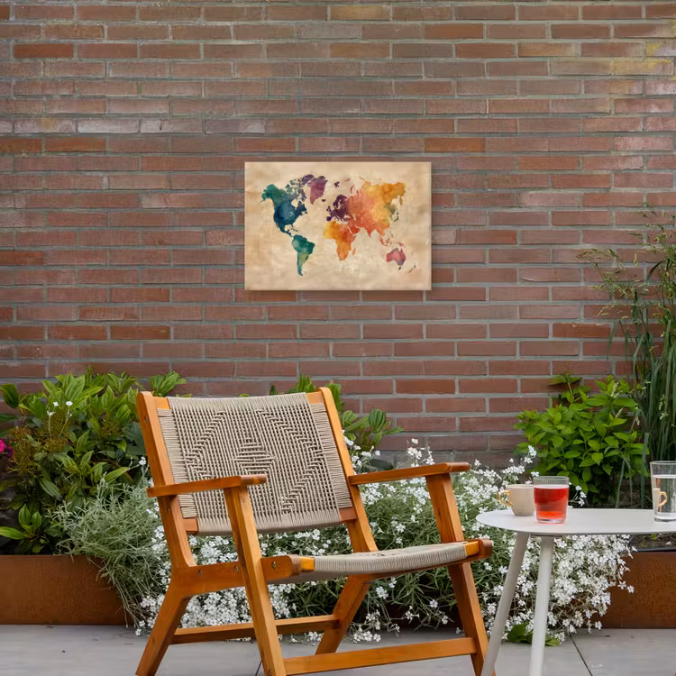 Wereldkaart - Regenboog aquarel - Papierstructuur Tuinposter op houten frame 2 cm dik klein -sfeer3