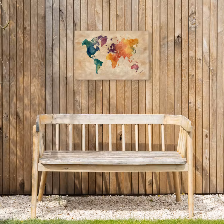 Wereldkaart - Regenboog aquarel - Papierstructuur Tuinposter op houten frame 2 cm dik klein -sfeer4