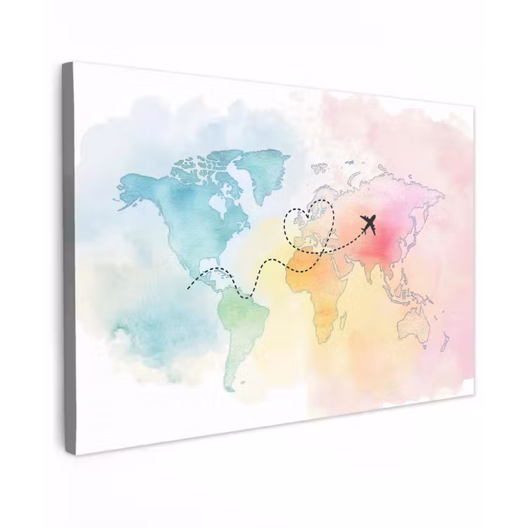 Wereldkaart - Regenboog - Vliegtuig Tuinposter op houten frame 2 cm dik klein -3d