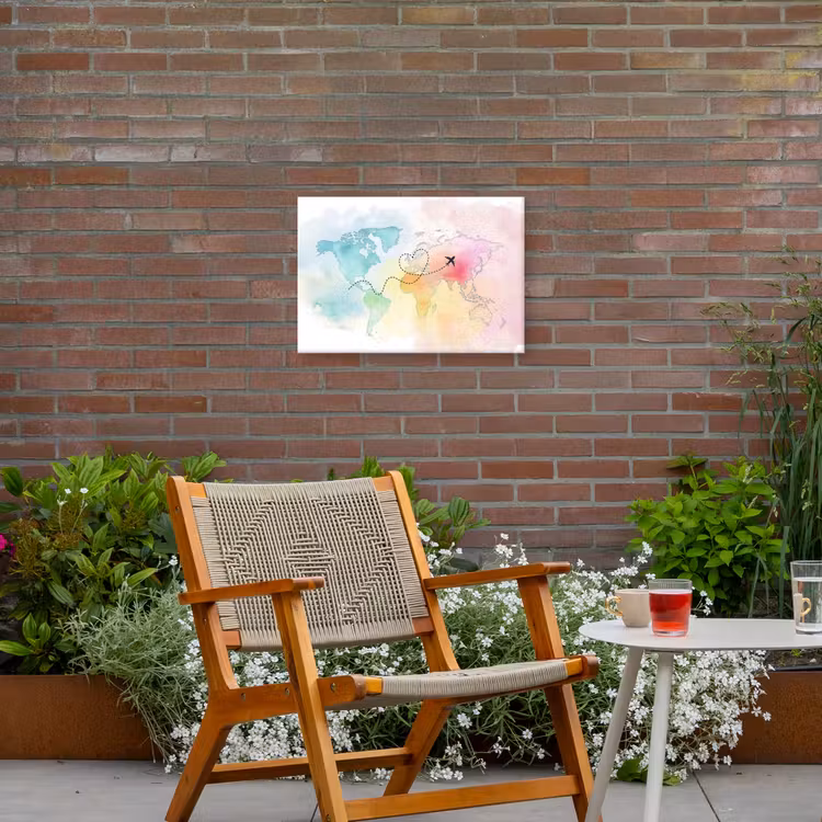 Wereldkaart - Regenboog - Vliegtuig Tuinposter op houten frame 2 cm dik klein -sfeer3