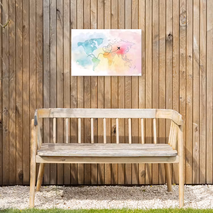 Wereldkaart - Regenboog - Vliegtuig Tuinposter op houten frame 2 cm dik klein -sfeer4