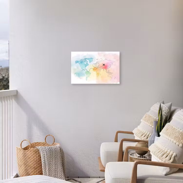 Wereldkaart - Regenboog - Vliegtuig Tuinposter op houten frame 2 cm dik klein -sfeer1