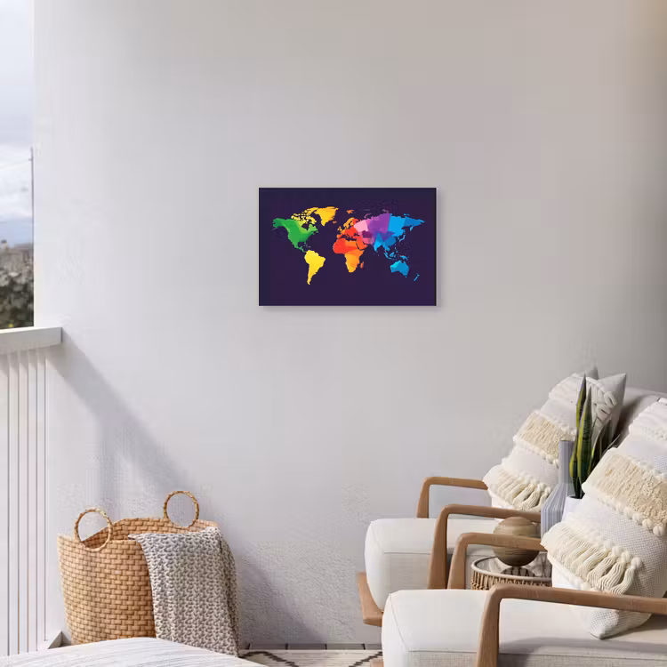 Wereldkaart - Regenboog - Paars Tuinposter op houten frame 2 cm dik klein -sfeer1