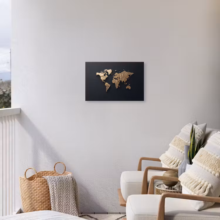Wereldkaart - Reliëfstructuur - Diepe Texturen - Zwart Tuinposter op houten frame 2 cm dik klein -sfeer1