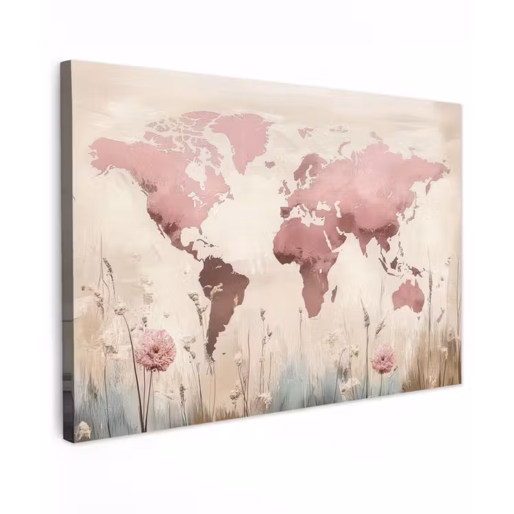 Wereldkaart - Roze - Bloemen Tuinposter op houten frame 2 cm dik klein -3d