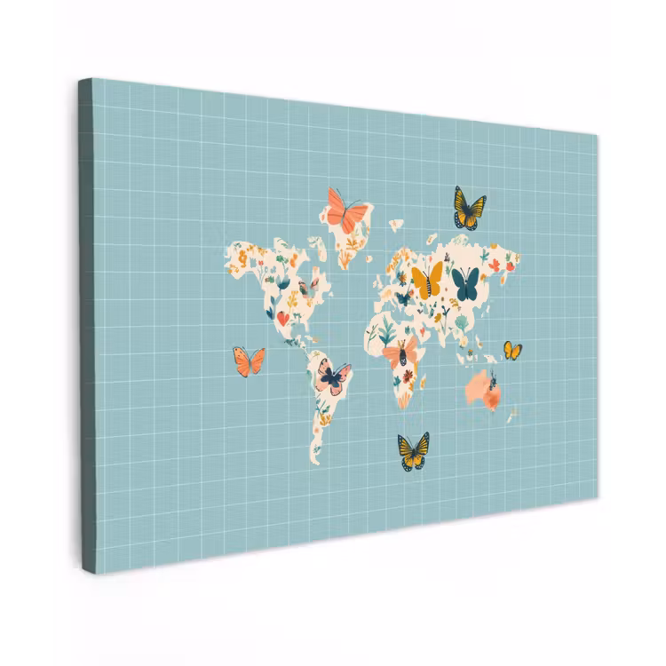 Wereldkaart - Vlinders - Dromerig Tuinposter op houten frame 2 cm dik klein -3d