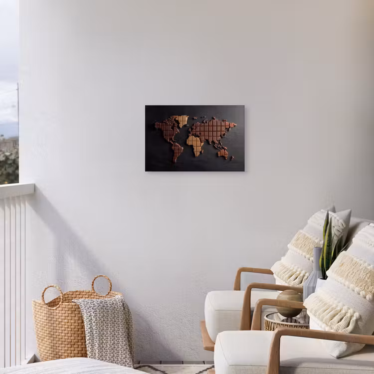 Wereldkaart - chocola - Smakelijke uitstraling Tuinposter op houten frame 2 cm dik klein -sfeer1