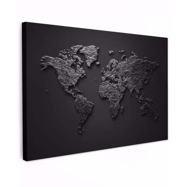 Wereldkaart - Zwart - Donker Tuinposter op houten frame 2 cm dik klein -3d