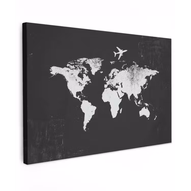 Wereldkaart - Zwart - Vliegtuig - Silhouet Tuinposter op houten frame 2 cm dik klein -3d