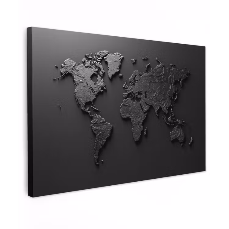 Wereldkaart - Zwart - Grijs Tuinposter op houten frame 2 cm dik klein -3d
