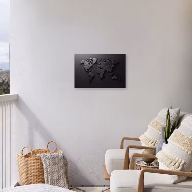 Wereldkaart - Zwart - Grijs Tuinposter op houten frame 2 cm dik klein -sfeer1