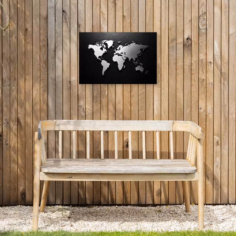 Wereldkaart - Zwart - Zilver - Metaal Tuinposter op houten frame 2 cm dik klein -sfeer4