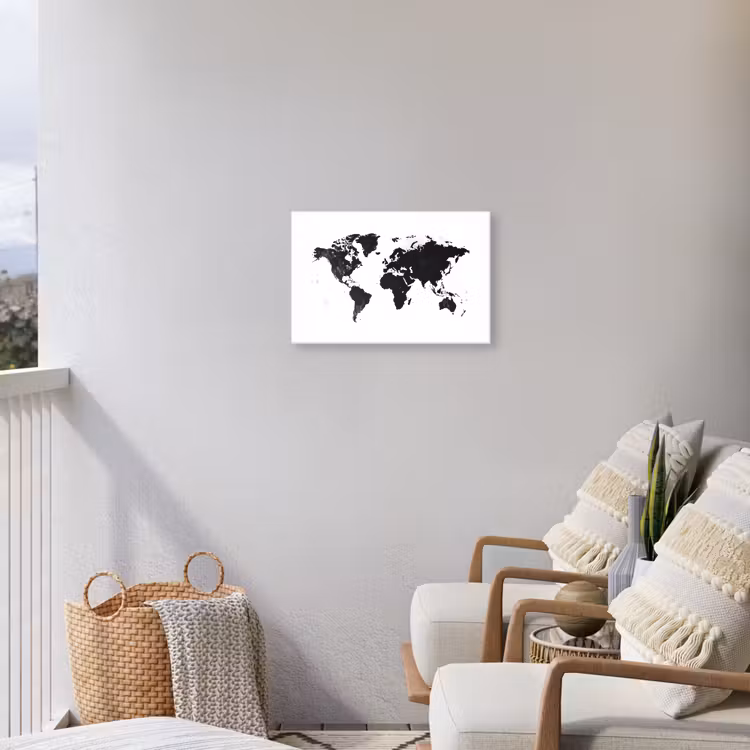 Wereldkaart - Zwart - Wit - Strak Tuinposter op houten frame 2 cm dik klein -sfeer1