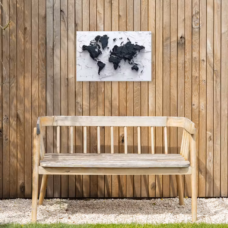 Wereldkaart - Zwarte- Steen Tuinposter op houten frame 2 cm dik klein -sfeer4
