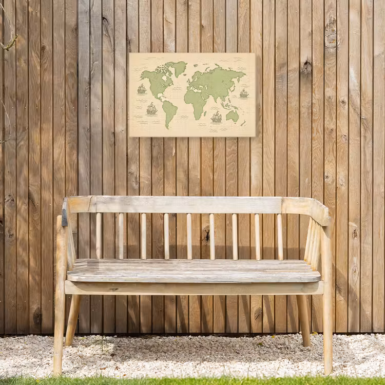 Wereldkaart - Zeilschepen - Lichtgroen Tuinposter op houten frame 2 cm dik klein -sfeer4