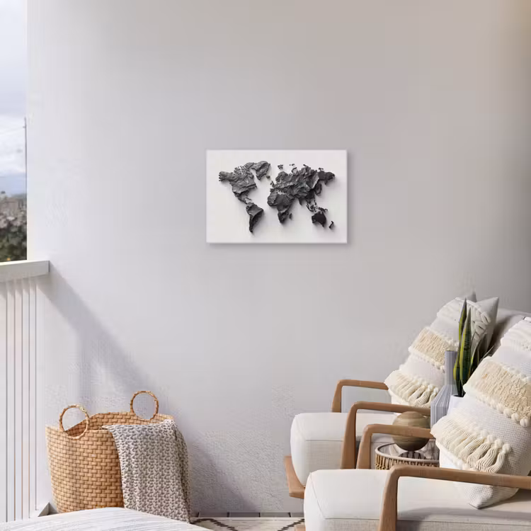 Wereldkaart - Steen - 3D Tuinposter op houten frame 2 cm dik klein -sfeer1