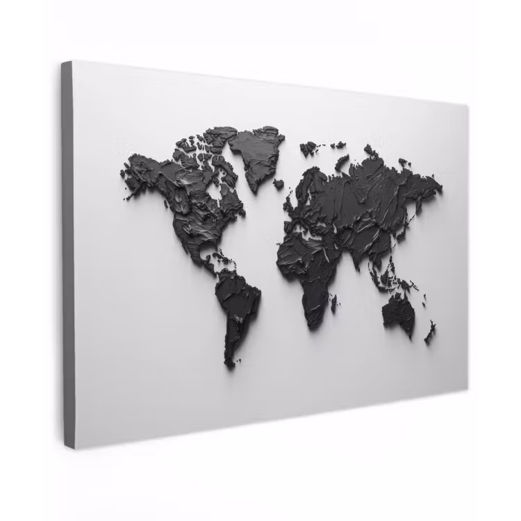 Wereldkaart - Structuur - Zwart Tuinposter op houten frame 2 cm dik klein -3d