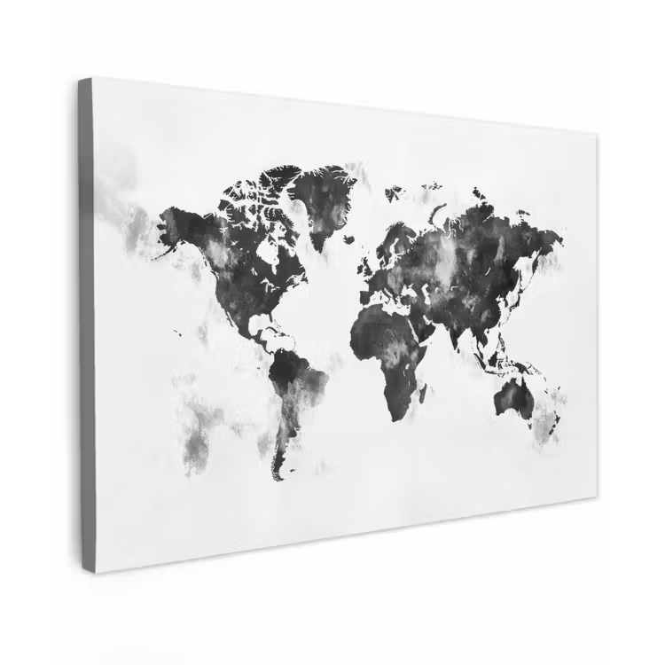 Wereldkaart - Inkt - Zwart Tuinposter op houten frame 2 cm dik klein -3d
